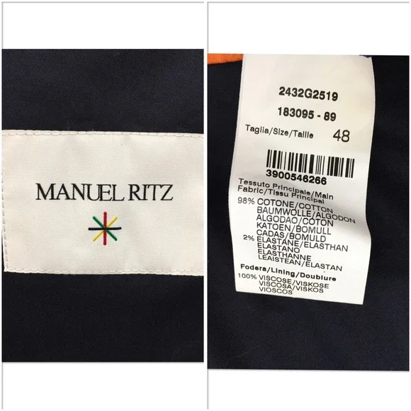MANUEL RITZ Mens Navy Blazer‎ Sport Coat Casual Size 38R Two Button Cotton Suit